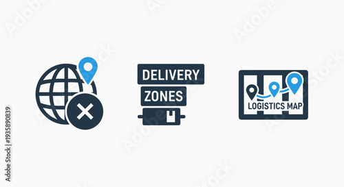 Logistics icons: global delivery zones, map, and parcel, representing shipping, distribution, and international transport networks.