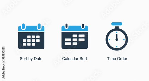 Scheduling icons: sort by date, calendar sort, and time order, representing chronological organization, planning, and time management.