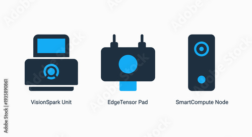 Set of three icons for AI and technology: VisionSpark Unit, EdgeTensor Pad, and SmartCompute Node, representing data processing and computation.