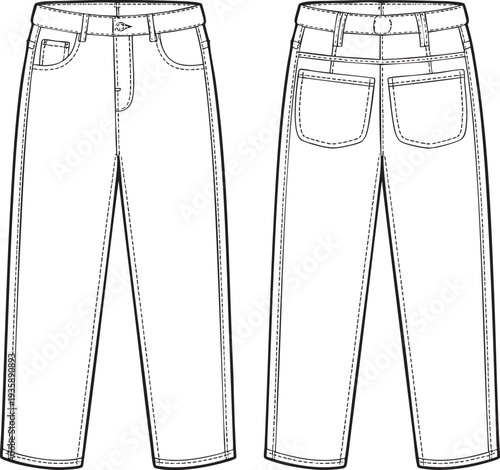 Jeans outline front, side, and back views for fashion design creation