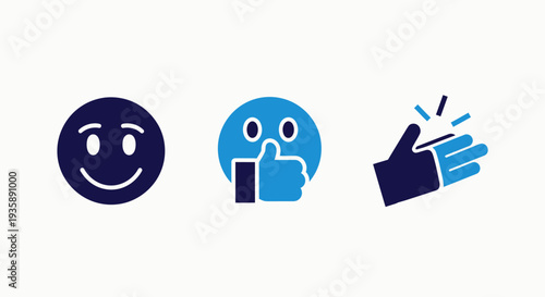Happy face emoji, thumbs up icon, and clapping hands symbol in blue and dark blue against white background, representing positive feedback and approval.