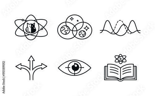 Quantum Theory Icons. Line style vector icons of superposition explanation models: Copenhagen-icon motif, multiverse-outline