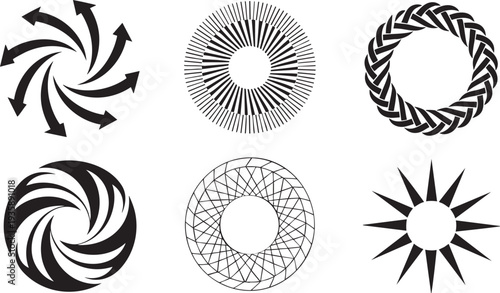 Assorted geometric shapes and figures, circles, arrows, and star shapes.