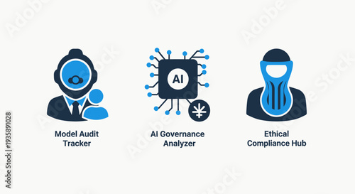Icons for AI and ethics: Model Audit Tracker, AI Governance Analyzer with currency symbol, and Ethical Compliance Hub with mask.