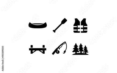 Collection of outdoor recreation icons including a canoe, paddle, life vest, dock, fishing rod, and trees