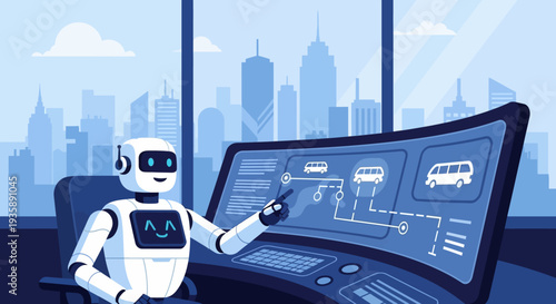 A friendly robot is pointing at a futuristic touchscreen interface displaying a bus route map in a modern office with a city skyline view.