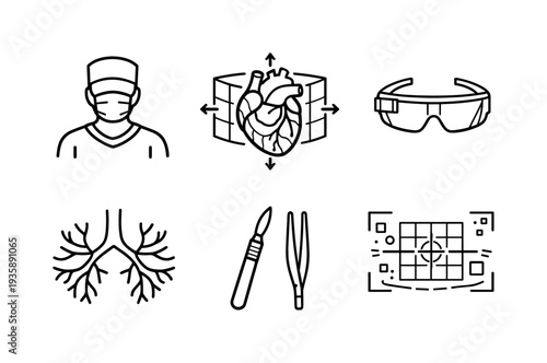 Line style vector icons of surgeon with augmented 3D organ model: surgeon-outline icon, 3D-organ motif, blood-vessels symbol,