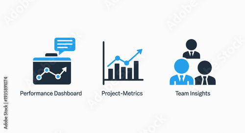 Icons for performance dashboard, project metrics, and team insights, visualizing business data and analytics.