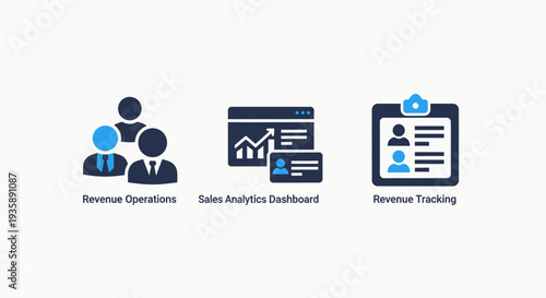 Icons representing revenue operations, sales analytics dashboard, and revenue tracking for financial analysis.