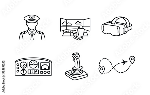 Aviation Simulator Icons. Line style vector icons of aviation simulator training: pilot-outline motif, flight-simulator icon,