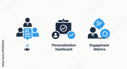 Business analytics icons: team meeting, personalization dashboard, and engagement metrics for data analysis and marketing strategies.