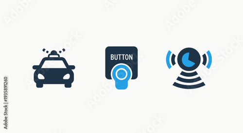Emergency alert icons: police car, panic button, and notification signal, representing safety, security, and response systems.