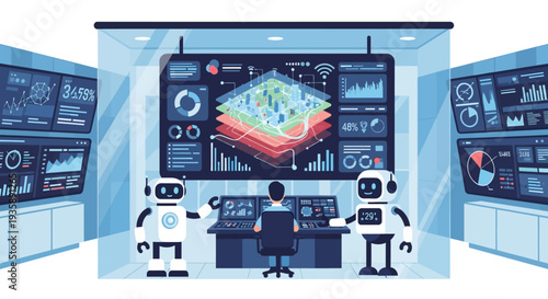 Futuristic control room with advanced data visualization, robots, and a human operator overseeing complex systems.
