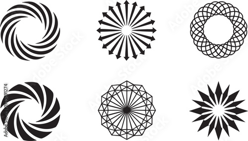Six abstract black circular design elements against a white background.