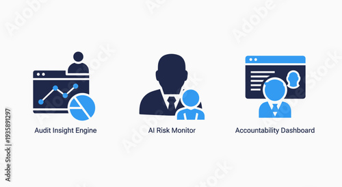 Audit and AI icons: insight engine, risk monitor, and accountability dashboard for financial review, security, and compliance.
