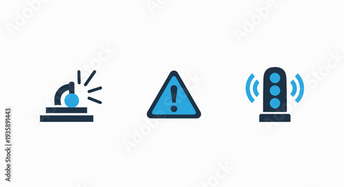 Warning and Alert Icons: Flashing Light, Exclamation Mark, and Alarm Siren