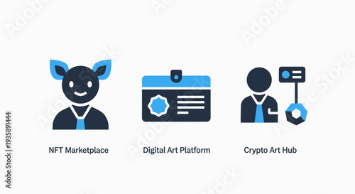 NFT Marketplace Icons: Digital Art Platform and Crypto Art Hub, Vector Graphics