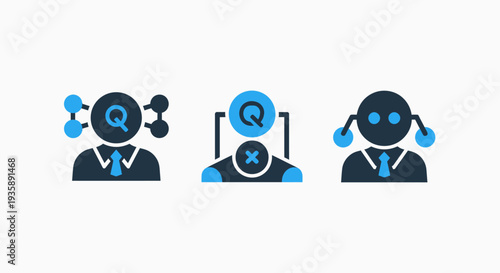 Problem Solving and Question Icons: Research, Decision, and Bot, Vector Style