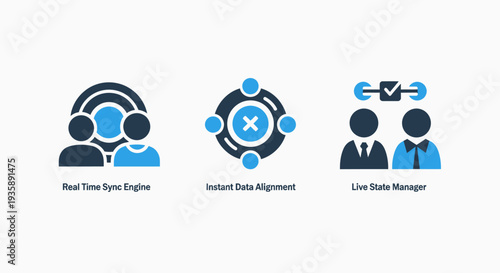 Teamwork and Data Sync Icons: Real Time Sync, Instant Alignment, Live State