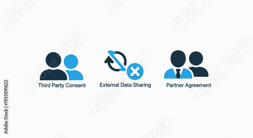 Icons for business and social interactions: third party consent, external data sharing refusal, and partner agreement, relevant for legal and business contexts.