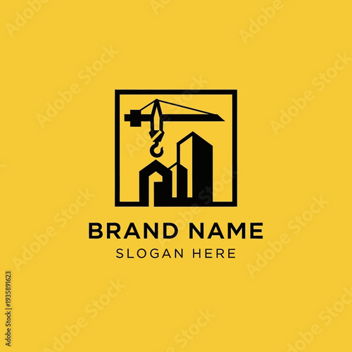 Construction Company Logo Template with Crane and Buildings.