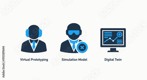 AI and simulation icons: Virtual Prototyping, Simulation Model, Digital Twin - illustrating advanced technology, modeling, and virtual reality