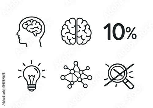 Cognitive Myth Icons. Line style vector icons of cognitive myth illustration: head-outline motif, brain-icon outline, 10-percent