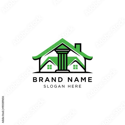 Modern House Logo Design Template with Green Roof and Classic Columns.
