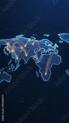 Vibrant glowing dotted digital world map expanding global connection with dynamic orange lines illustrating network spread across continents