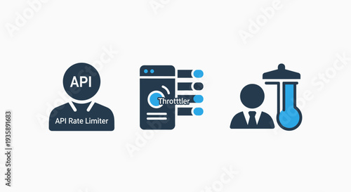 API and system control icons: API rate limiter, throttler, temperature control - illustrating digital security, network traffic management, and system monitoring