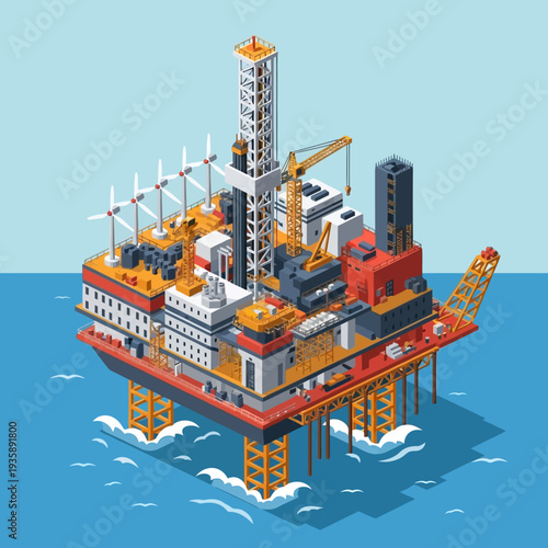 Isometric Offshore Oil Rig Platform in the Ocean.