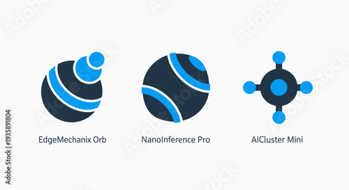 Abstract AI and Data Computing Icons: EdgeMechanix Orb, NanoInference Pro, and AICluster Mini Representing Advanced Technology Concepts