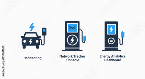 Electric Vehicle (EV) Charging and Energy Monitoring Icons: Network Tracker Console and Analytics Dashboard for Sustainable Transport