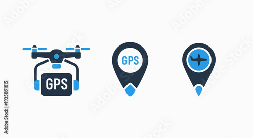 Global Positioning System (GPS) Icons: Drone Delivery, Location Pin, and Airplane Navigation for Modern Logistics and Mapping