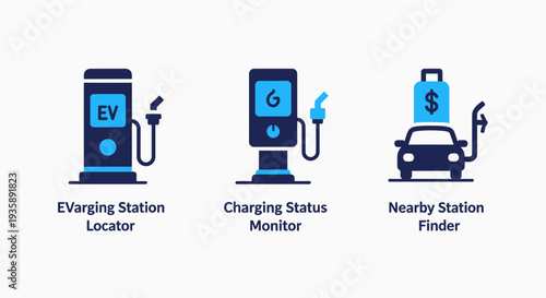 Electric Vehicle (EV) Charging Infrastructure Icons: Station Locator, Status Monitor, and Nearby Finder for Convenient Access