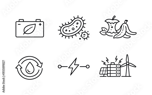 Collection of icons representing sustainability, energy, and waste management concepts