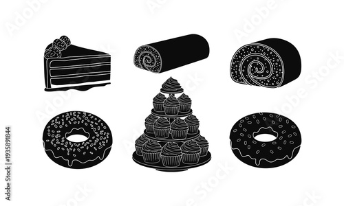 Black and white illustration of various delicious dessert items