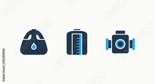 Industrial Liquid Management Icons: Water Container, Measurement Tank, and Pipe Connection for Plumbing and Storage Systems