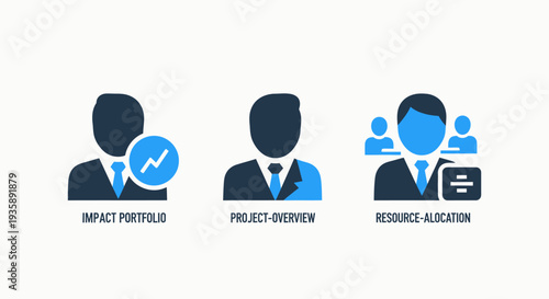 Business icons: impact portfolio, project overview, resource allocation. Flat design icons for management, strategy, and planning in business.