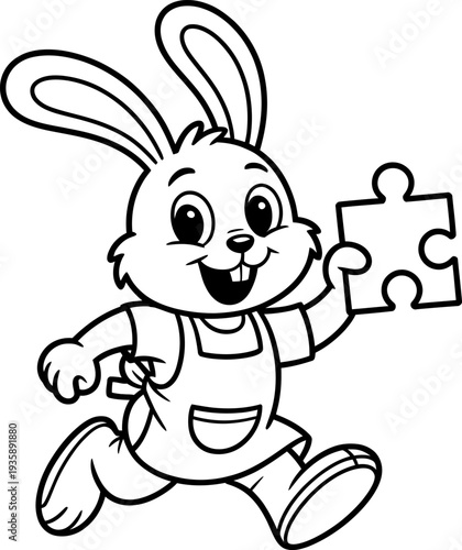  A smiling cartoon rabbit holding a puzzle piece in one hand and running happy bunny in overalls
