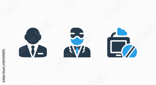 Business icons: person, masked person, device with pill. Modern flat design for healthcare, medical business, and corporate safety protocols.