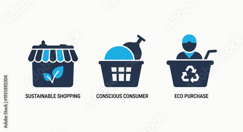 Eco Icons: Sustainable shopping, conscious consumerism, and eco purchase symbols representing green living, ethical choices, and environmental care.