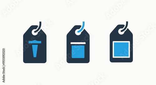 Set of three modern flat icons for tags, labels, and price tags in dark blue and bright blue, isolated on a white background. Perfect for e-commerce, retail, or marketing designs.