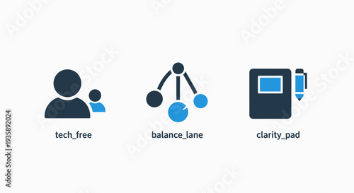 Collection of three modern flat icons representing technology, connectivity, and note-taking for digital applications and business presentations. Clean design with blue and dark blue colors.