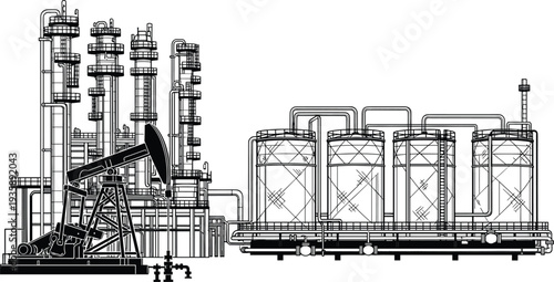 Oil refinery plant with pump jack and storage tanks, detailed petroleum industry processing facility vector industrial illustration