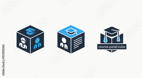 Set of three modern cubic icons for education, learning, and graduation. Features student silhouettes and graduation caps in dark blue and bright blue, ideal for online courses or academic branding.