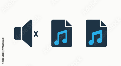Muted speaker icon next to two music note icons, representing silent mode and audio files, ideal for media interfaces and application design.