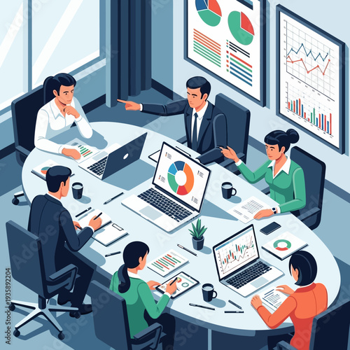 Business professionals collaborating around a conference table with laptops and charts.