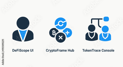 Decentralized Finance User Interface, Crypto Asset Management, and Blockchain Token Tracing Flat Icons for Digital Currency and Organizational Structures