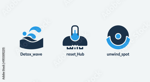 Detoxification Wave, System Reset Hub, and Relaxation Spot Flat Icons Representing Wellness, Refreshment, and Digital Well-being Concepts